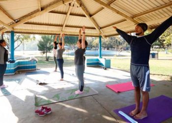 Personas practicando yoga al aire libre