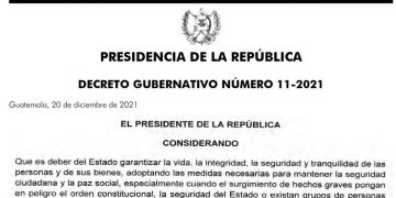 Decreto Gubernativo publicado por el Gobierno de Guatemala sobre el estado de sitio en Nahualá y Santa Catarina Ixtahuacán