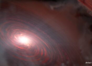 Simulación del vapor de agua ardiente en el disco de formación planetaria de la estrella PDS 70. / Foto: NASA.