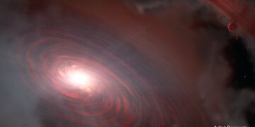 Simulación del vapor de agua ardiente en el disco de formación planetaria de la estrella PDS 70. / Foto: NASA.