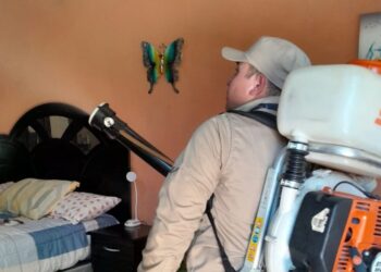Salubristas desarrollan fumigaciones para prevenir el dengue. /Foto: MSPAS