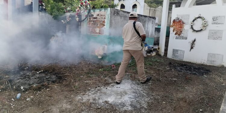 Fumigación en cementerios de Jalapa para la eliminación de zancudos. /Foto: MSPAS