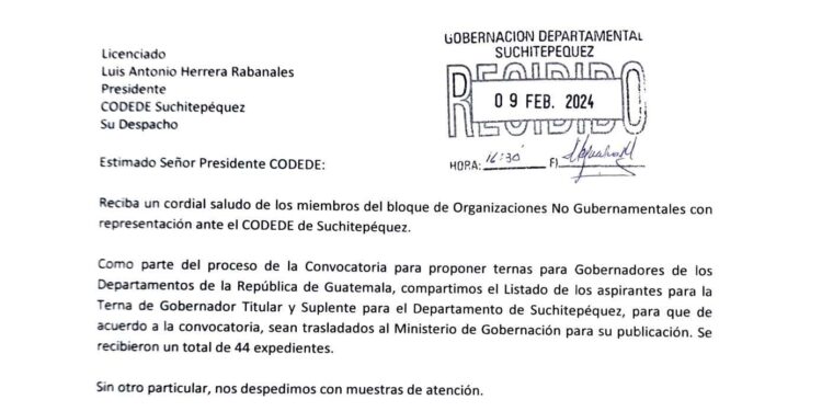 Suchitepéquez recibe 44 expedientes de aspirantes al cargo de gobernador