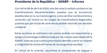 SOSEP hizo cambios en coordinaciones departamentales y regionales