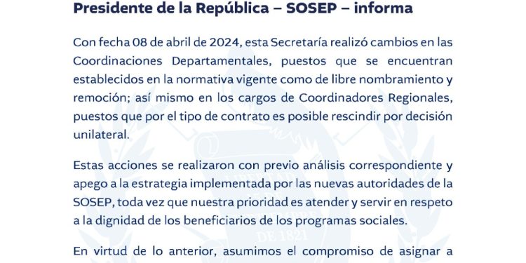 SOSEP hizo cambios en coordinaciones departamentales y regionales