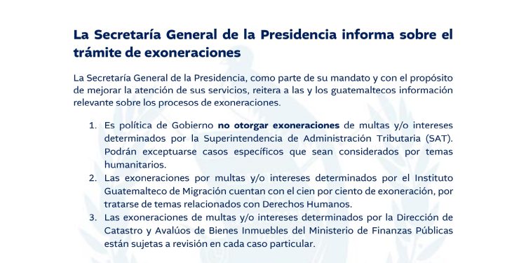 Gobierno informa postura sobre exoneraciones