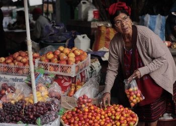 Doña Andrea Sánchez ofrece frescos jocotes, uvas y manzanas en el mercado de Colotenango. /Foto: Noé Pérez