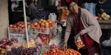 Doña Andrea Sánchez ofrece frescos jocotes, uvas y manzanas en el mercado de Colotenango. /Foto: Noé Pérez