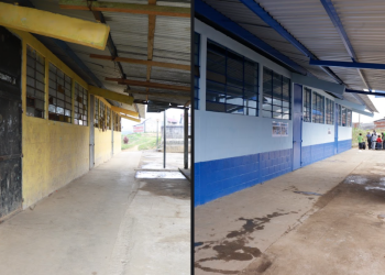 La imagen muestra cómo cambió la escuela luego del remozamiento. La imagen a la izquierda fue tomada en febrero de 2024 y la de la derecha en junio de 2024.