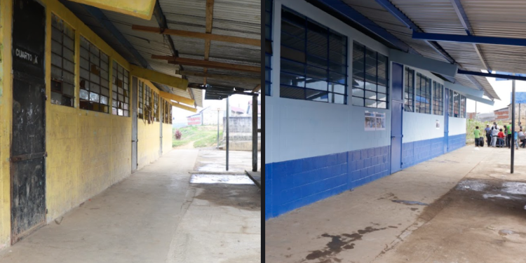 La imagen muestra cómo cambió la escuela luego del remozamiento. La imagen a la izquierda fue tomada en febrero de 2024 y la de la derecha en junio de 2024.