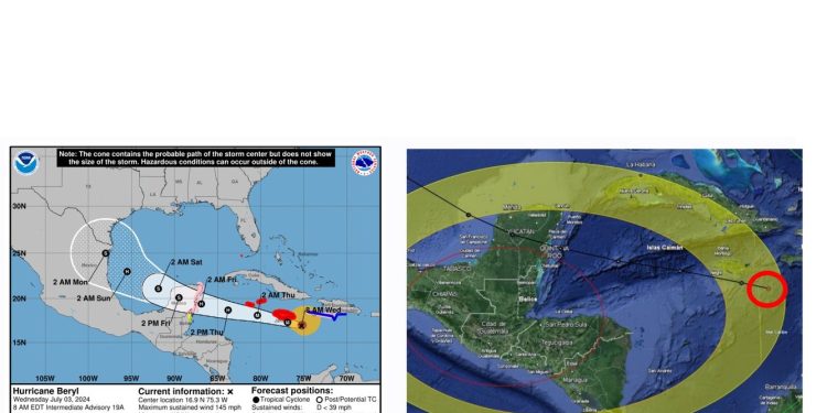 Huracán Beryl se desplaza a 32 k/h con dirección a Yucatán, México