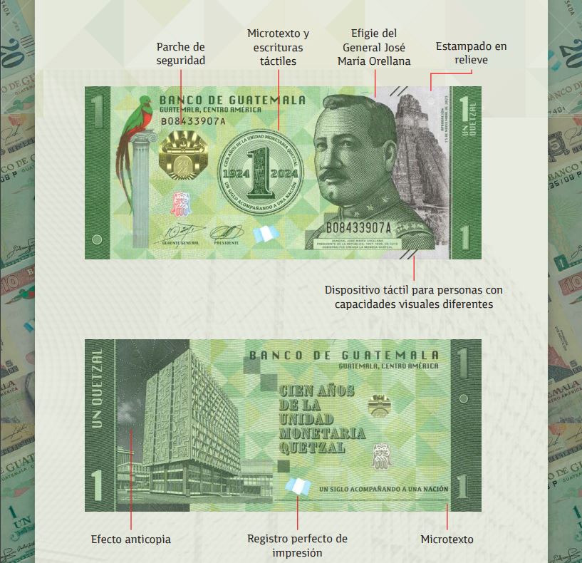 Características del billete conmemorativo de un quetzal.