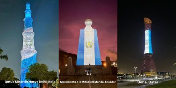 Varios países iluminaron sus monumentos emblemáticos para festejar la independencia de Guatemala. /Foto: Minex.