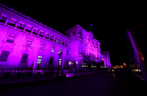 Iluminación simbólica del Palacio Nacional de la Cultura por el Mes de Concientización y Sensibilización sobre el Cáncer de Mama. / Foto: Alex Jacinto y Daniel Ordóñez.