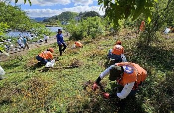 La Secretaría Ejecutiva de la Conred junto con otras entidades realizó una jornada de limpieza y reforestación en los alrededores del Lago de Amatitlán. / Foto: Conred.