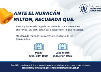 Por medio de los consulados de Miami y Lake Worth se mantiene la atención a los guatemaltecos que puedan resultar afectados por el huracan Miltón. /Foto: Minex.