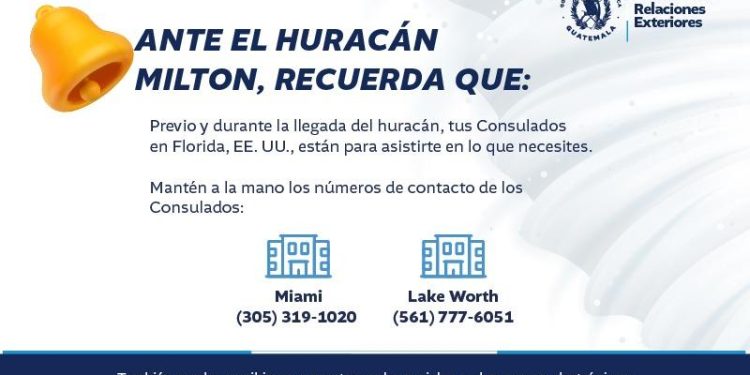 Por medio de los consulados de Miami y Lake Worth se mantiene la atención a los guatemaltecos que puedan resultar afectados por el huracan Miltón. /Foto: Minex.