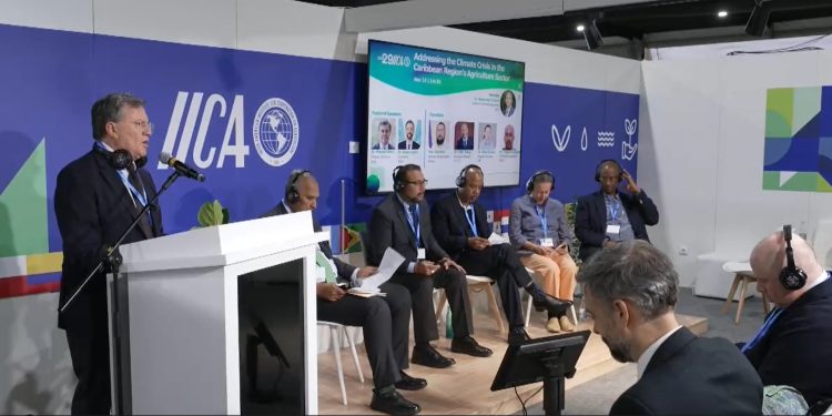 El director de IICA, Manuel Otero, durante una conferencia en la que aboga por los agricultores de Centroamérica y el Caribe, en la COP29.