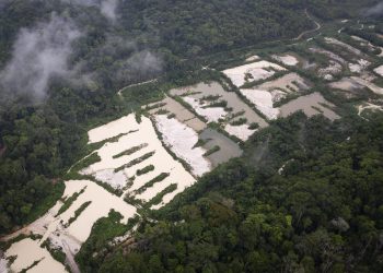 Fotografía captada por medio de la vigilancia satelital muestra una zona minera ilegal en la Amazonía brasileña.