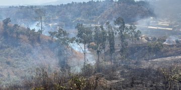 Incendio en el kilómetro 14 de la carretera al Pacífico, en el municipio de Villa Nueva. / Foto: Conred