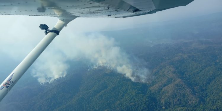 Efectúan sobrevuelo en áreas afectadas por incendios forestales en Petén