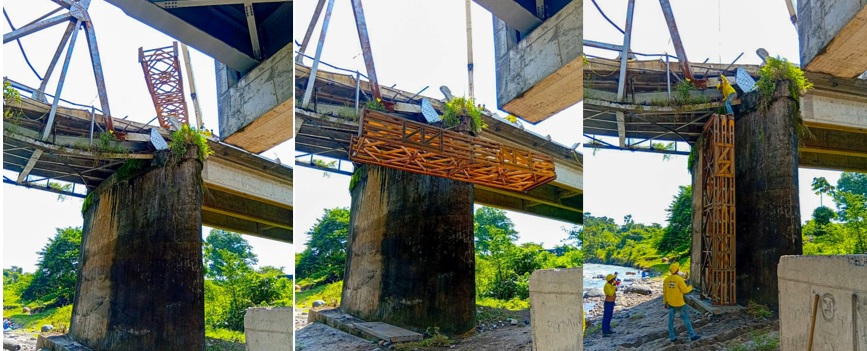 La secuencia muestra cómo se instáló un refuerzo en la pare dañada del puente.