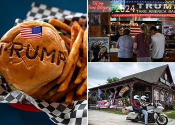 La imagen muestra uno de los tipos de hamburguesa de Trump Burguer y uno de los locales donde se venden, en Texas.