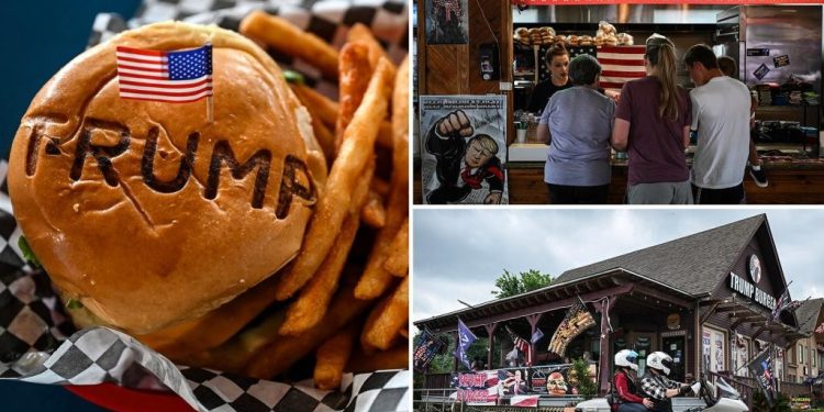 La imagen muestra uno de los tipos de hamburguesa de Trump Burguer y uno de los locales donde se venden, en Texas.