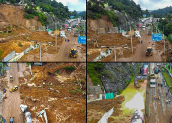 Trabajos de limpieza en el km 24 de la ruta a El Salvador permanecen suspendidos./Foto: Covial.