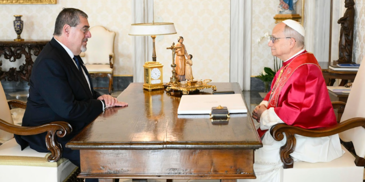 El presidente guatemalteco sostuvo una reunión con el papa León XIV. / Foto: Cortesía Vaticano.