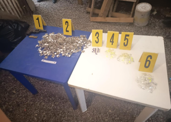 Durante la inspección, los agentes localizaron 349 bolsas con marihuana, 98 bolsas con piedras de crack, varias cápsulas con cocaína y un revólver. / Foto: PNC
