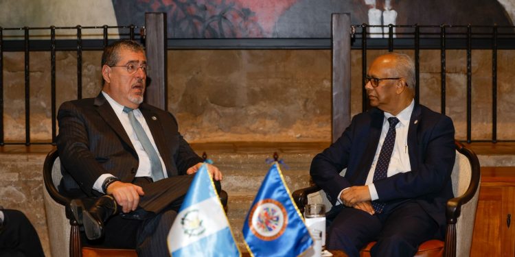 El presidente Bernardo Arévalo durante su reunión con el secretario general de la OEA, Albert Ramdin, en Antigua Guatemala.