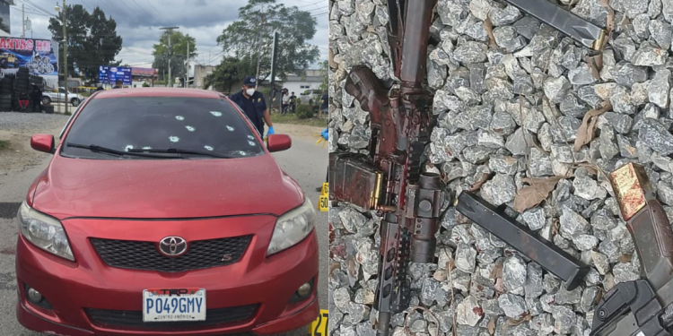 Tres hombres viajaban a bordo del vehículo rojo atacado en Huehuetenango. / Foto: PNC.