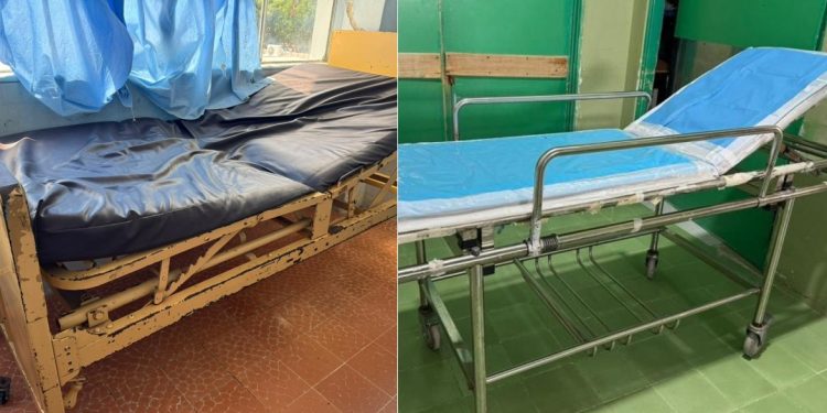 La composición muestra las condiciones en las que se encontraban las camas que se sustituirán con el nuevo equipo adquirido por el hospital de Zacapa.