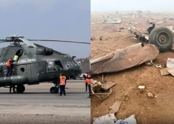 En la composición se observa un helicóptero igual que que se accidentó y restos de la aeronave localizados en el sur de Perú.
