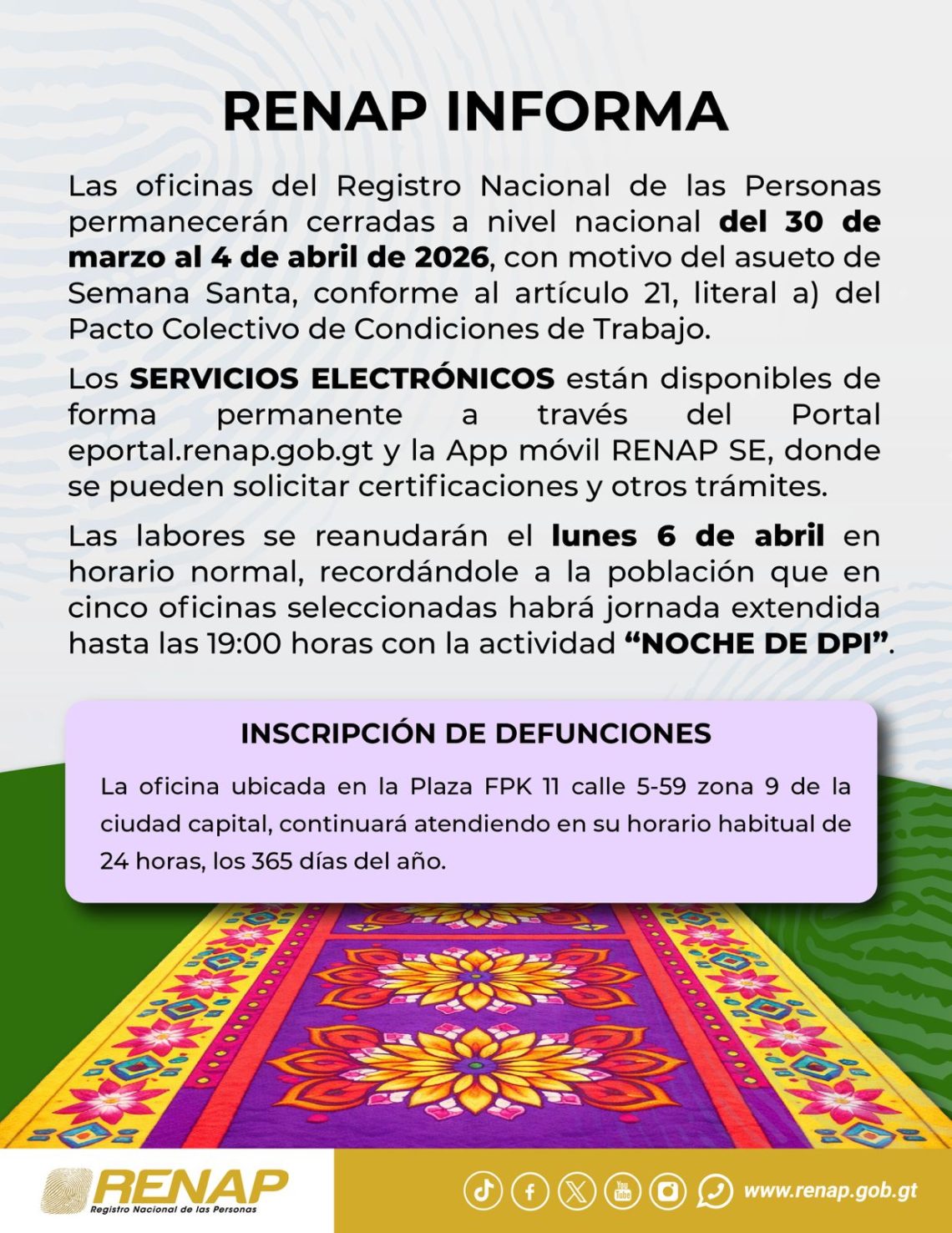 Renap cierra sus oficinas del 30 de marzo al 4 de abril - Agencia ...