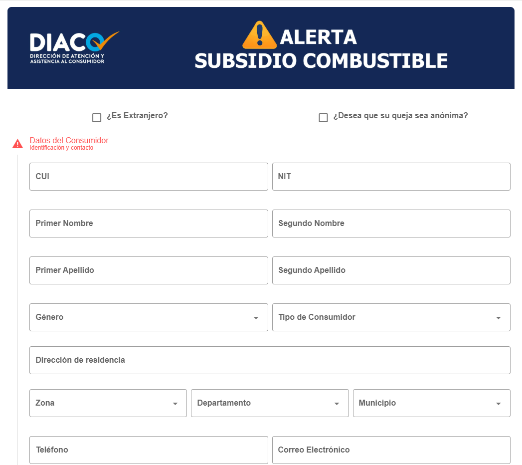 Formulario de la “Alerta Diaco combustibles”