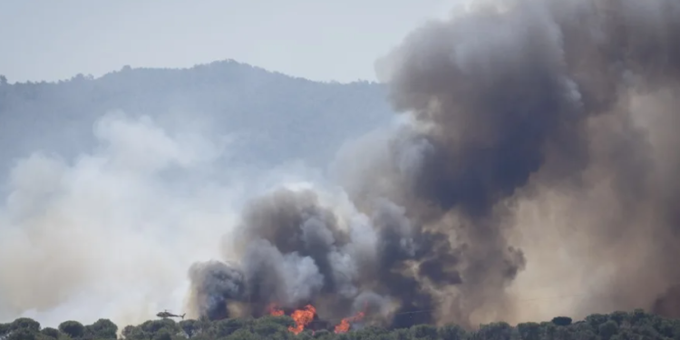 Columna de humo del incendio forestal que se ha declarado en La Bisbal d'Empordà (Girona)./ Foto: EFE.