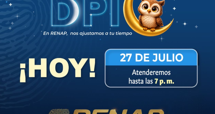 Este lunes 27 de julio , Renap realizará la Noche del DPI