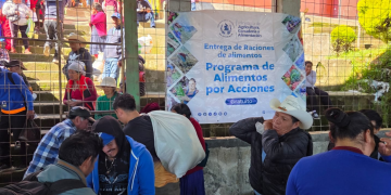 Personas trasladan sacos junto a una manta del MAGA que anuncia la entrega gratuita de alimentos del programa Alimentos por Acciones.