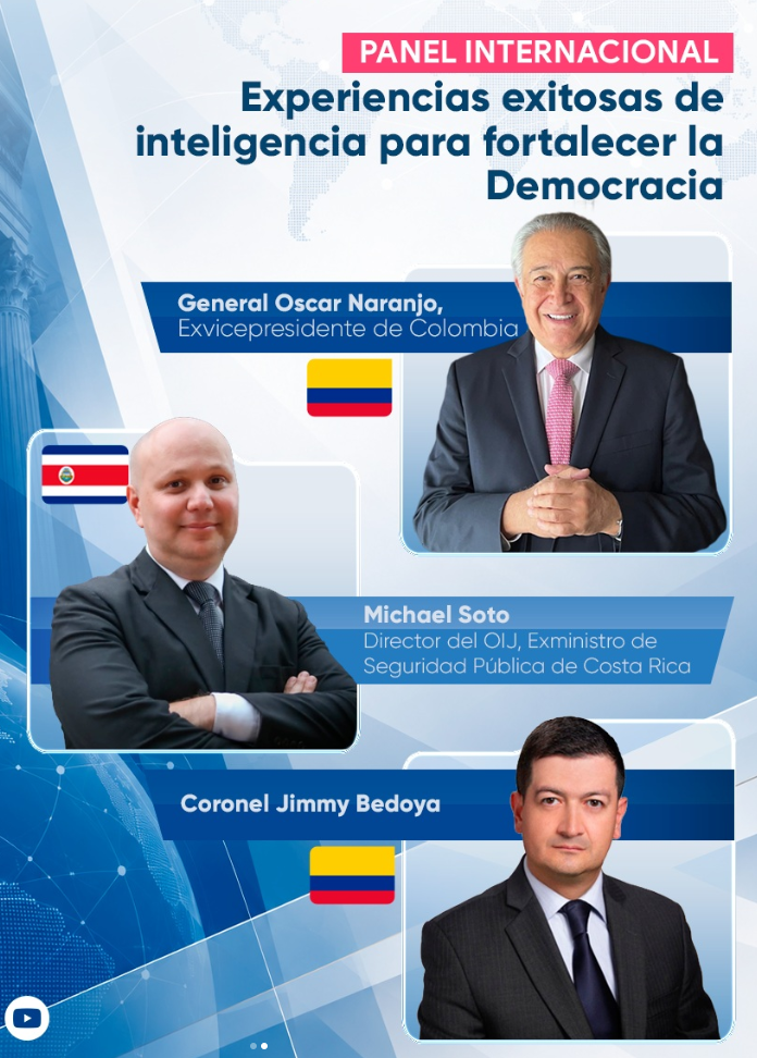 Afiche del panel internacional sobre inteligencia y democracia, con retratos de Óscar Naranjo, Michael Soto y Jimmy Bedoya.