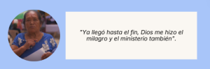 Tarjeta con el retrato de María Beda Méndez Zamora y una frase de alegría por su incorporación al programa.
