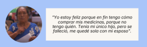 Tarjeta con el retrato de María Beda Méndez Zamora y su testimonio sobre medicamentos y la pérdida de su hijo.