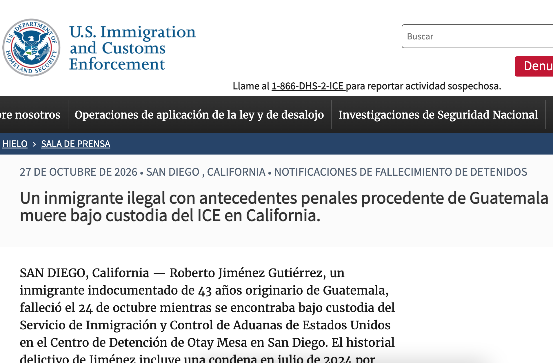 Captura de pantalla del comunicado oficial del Servicio de Inmigración y Control de Aduanas de Estados Unidos (ICE) sobre el fallecimiento de un guatemalteco bajo custodia migratoria en California.